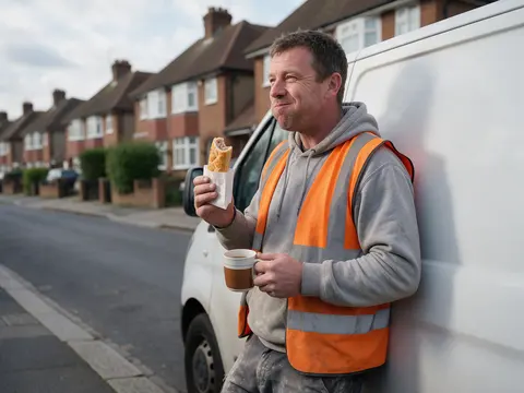 A builder in a hi-vis vest on his tea break by his van, biting the end off a sausage roll, with a mug of tea beside him